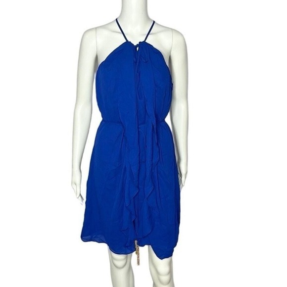 City Chic Cobalt Blue Waterfall Tunic Size 18W Halter Neck Ruffle Accent - Picture 3 of 10